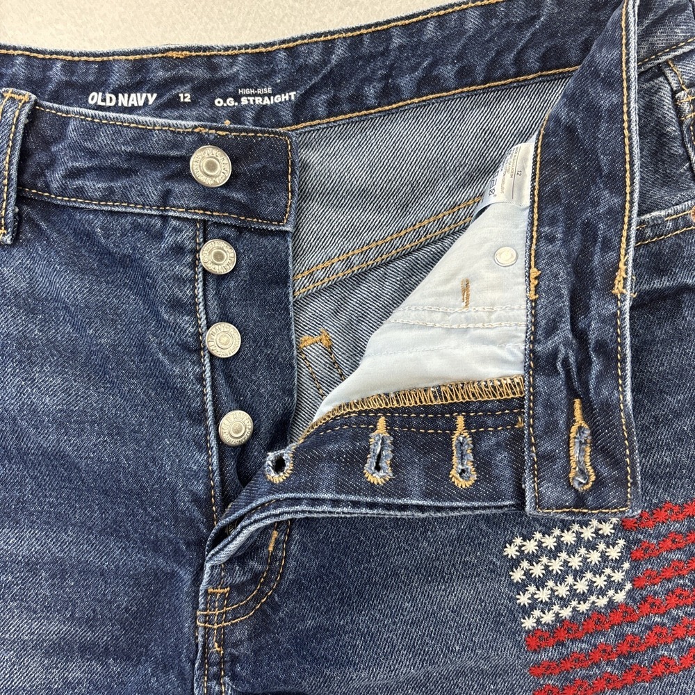 Old Navy Womens Jean Shorts 12 O.G. High Rise Button fly Embroidered Flag USA - Picture 11 of 13
